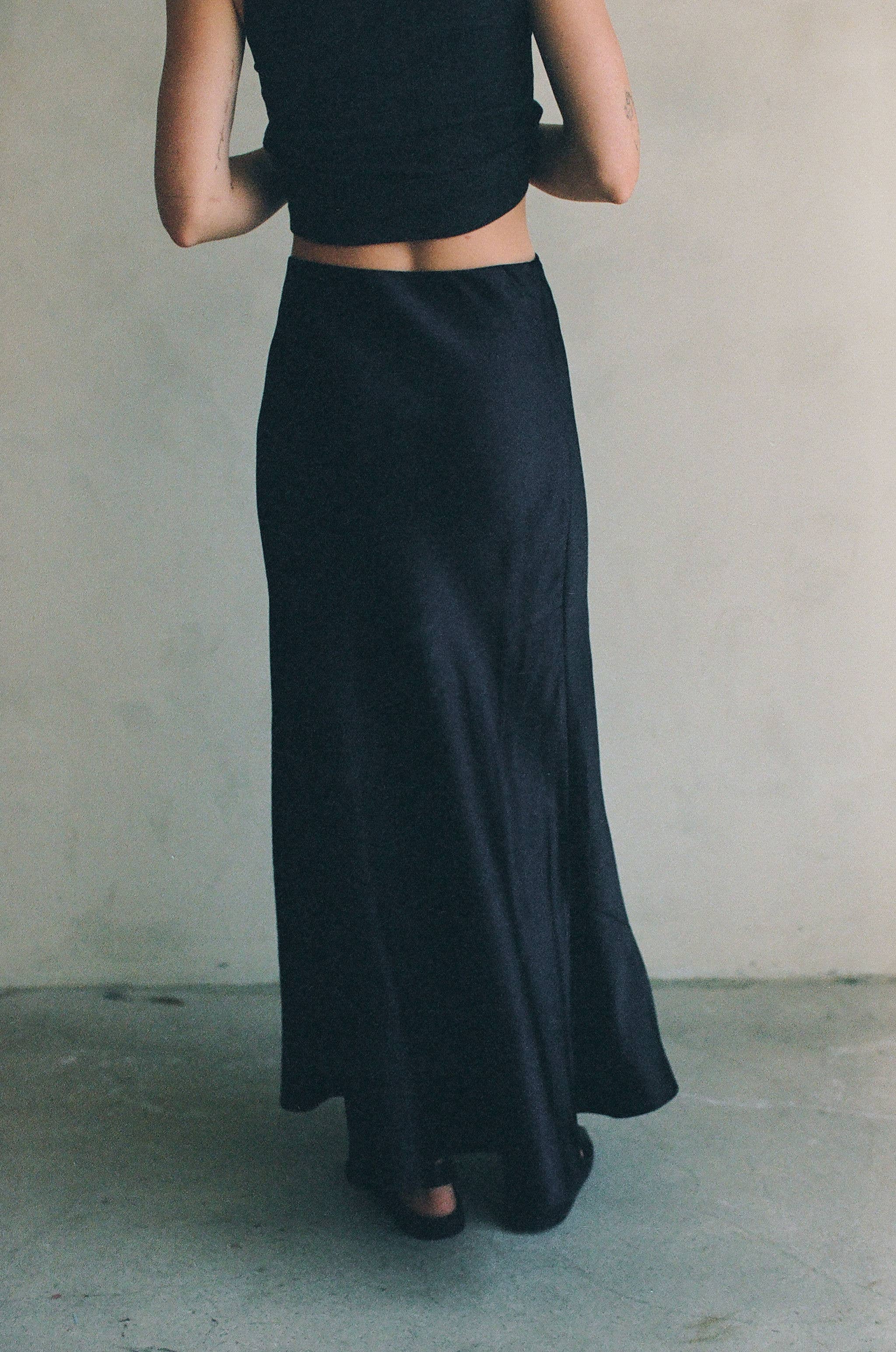 Woven Polyester Spandex Satin Maxi Skirt