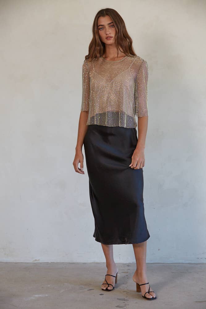 Woven Satin Waist Elastic Band Midi Skirt