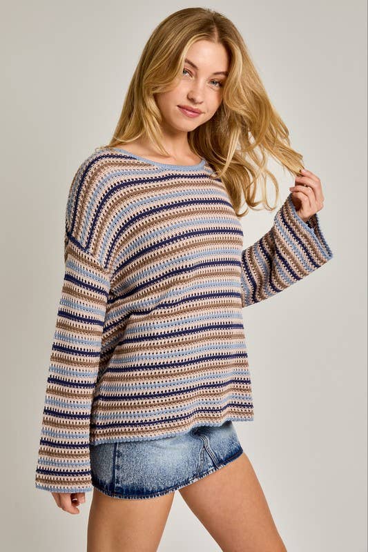 Long Sleeve Boat Neck Striped Sweater