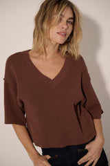 Solid V Neck Inverted V Hem Short Sleeve Sweater