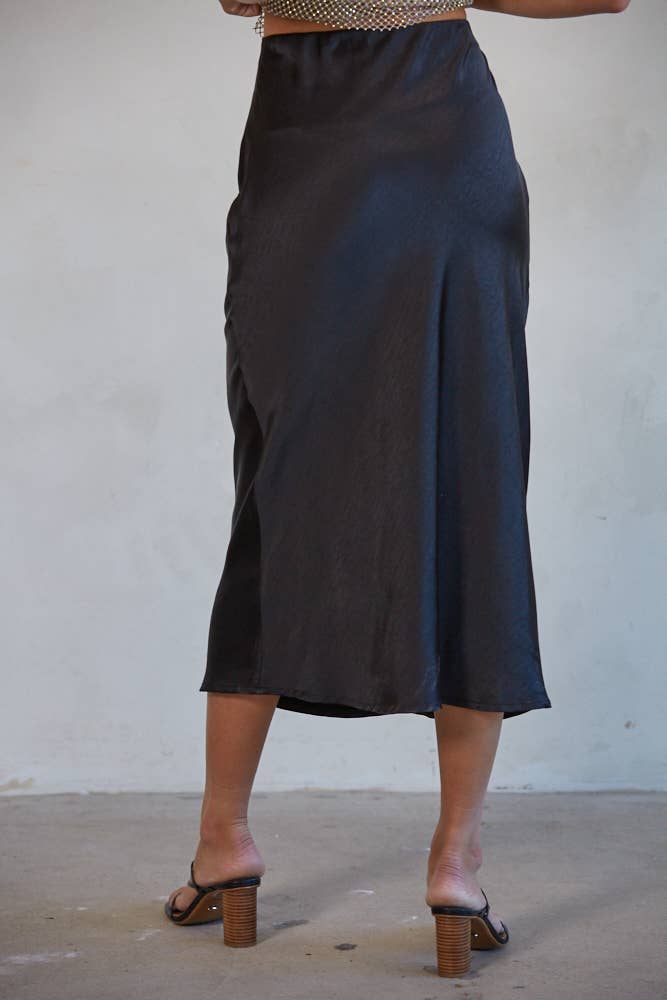 Woven Satin Waist Elastic Band Midi Skirt