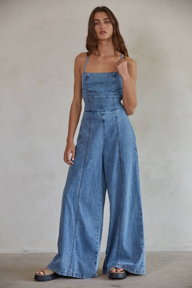 Denim Cotton Square Neck Wide Leg Jumpsuit