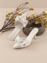 The Jane | White Pointed Toe Bow Accent Kitten Heel