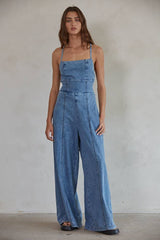 Denim Cotton Square Neck Wide Leg Jumpsuit