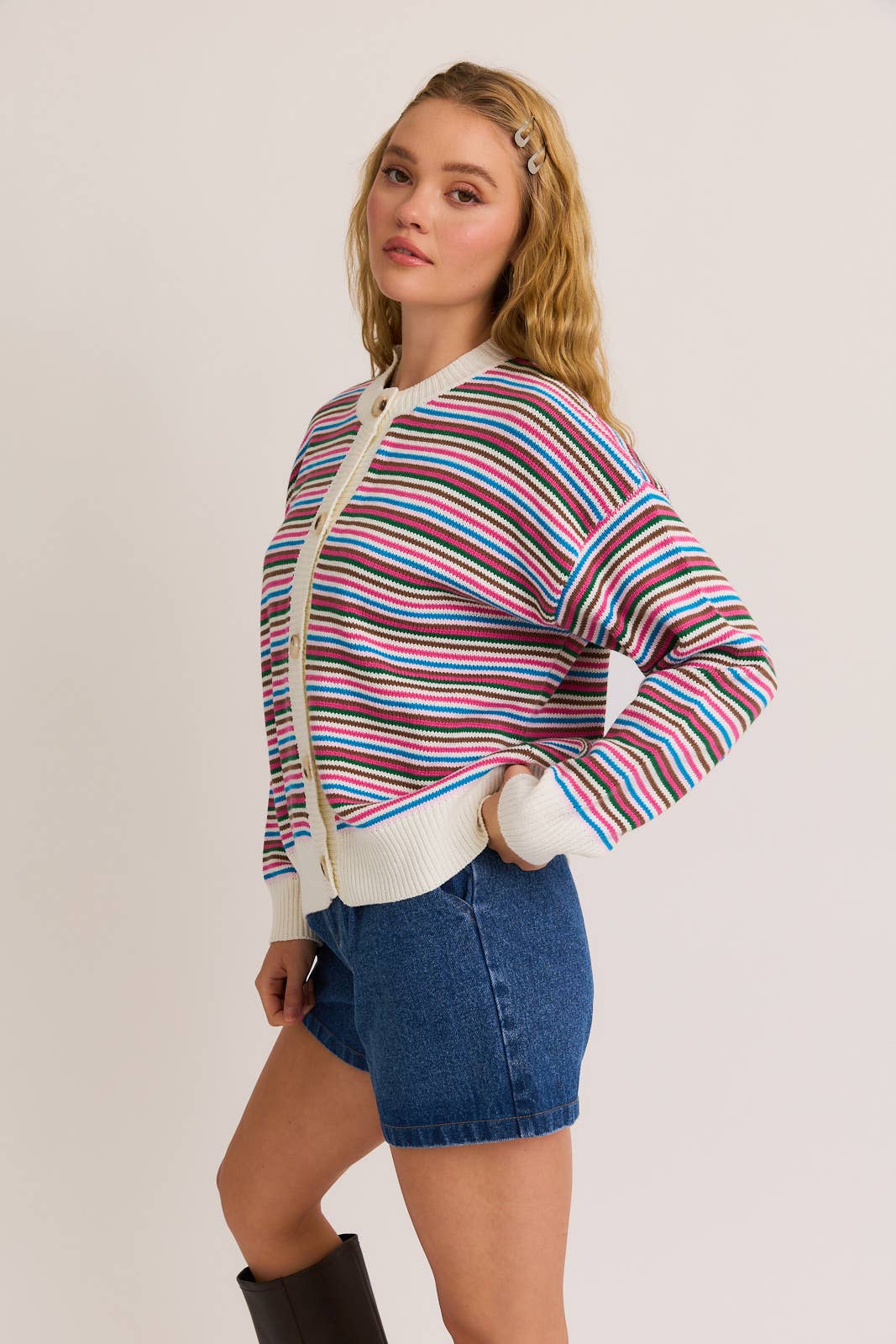 Crew Neck Striped Cardigan