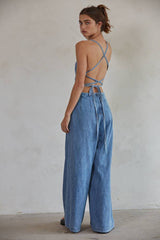 Denim Cotton Square Neck Wide Leg Jumpsuit