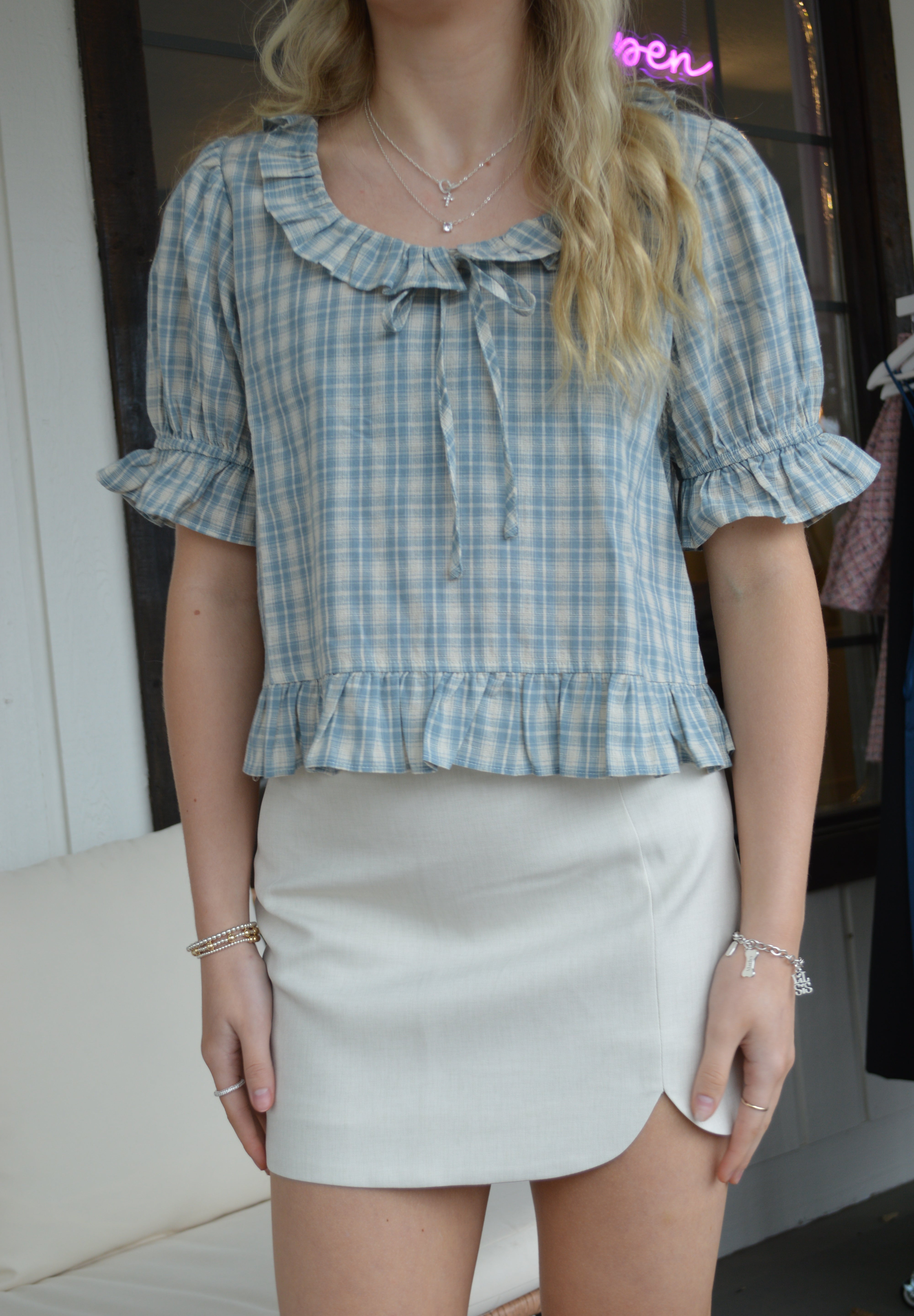 Gingham Puff Sleeve Blouse