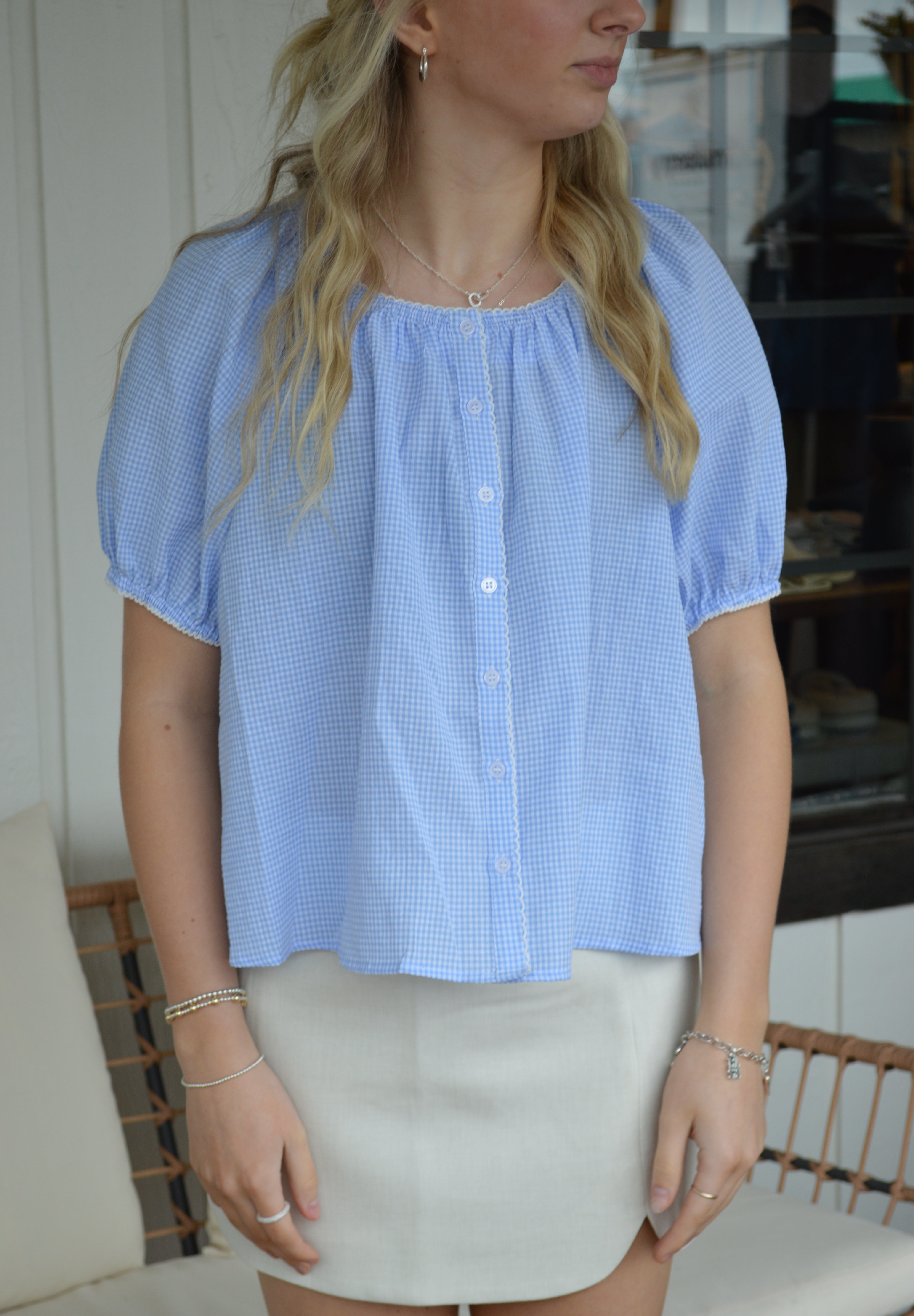 Scalloped Gingham Babydoll Top and Scrunchie