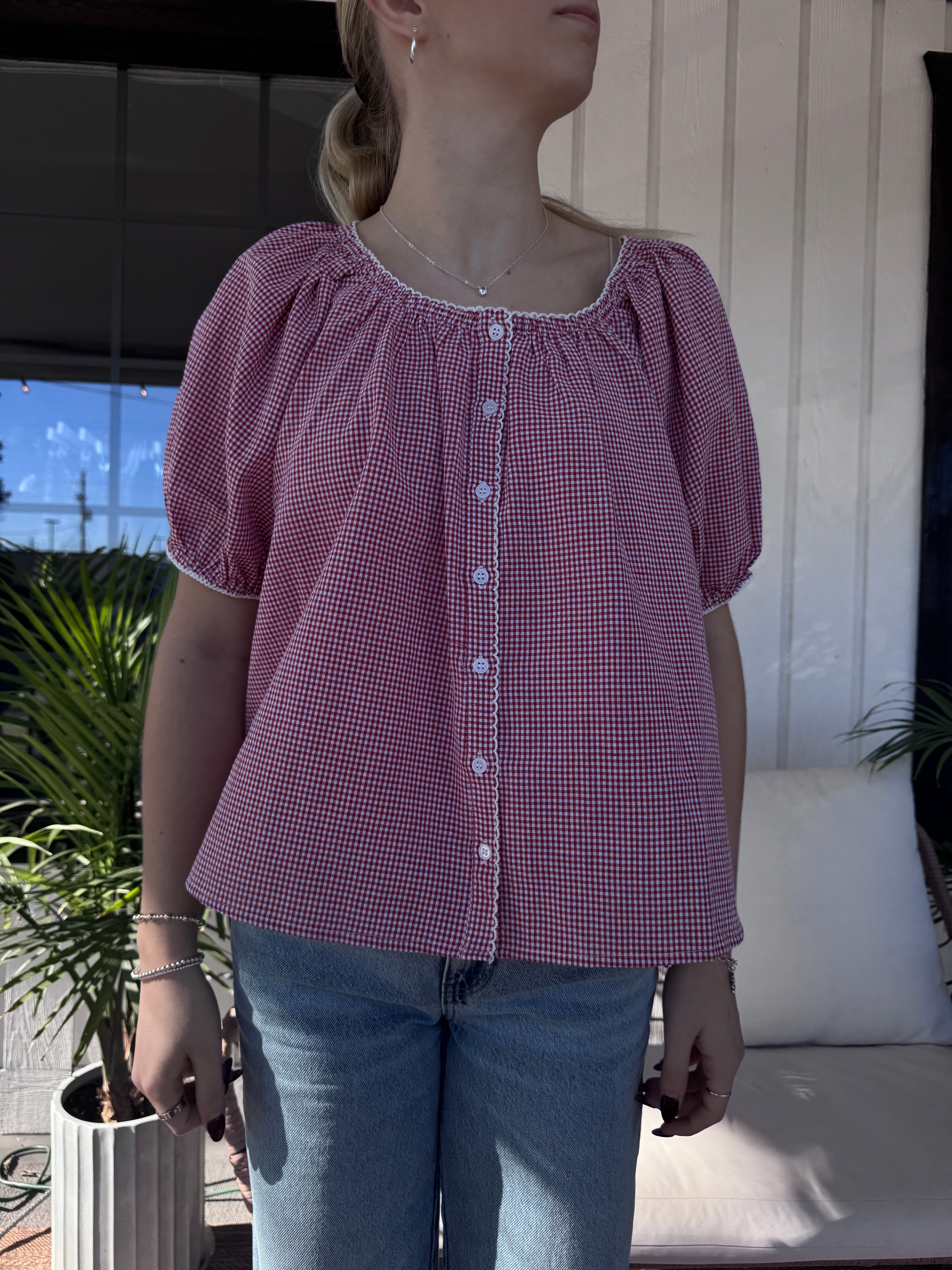 Scalloped Gingham Babydoll Top and Scrunchie