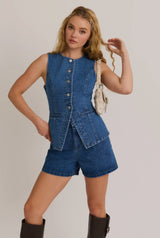 Button Front Sleeveless Denim Top