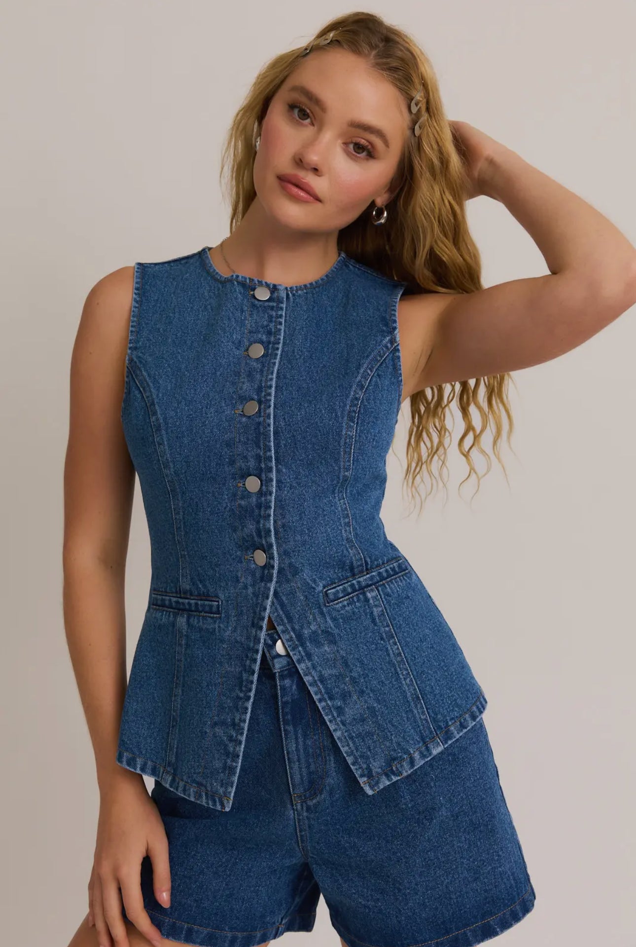 Button Front Sleeveless Denim Top