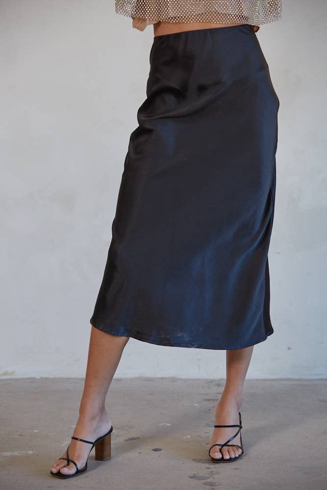 Woven Satin Waist Elastic Band Midi Skirt