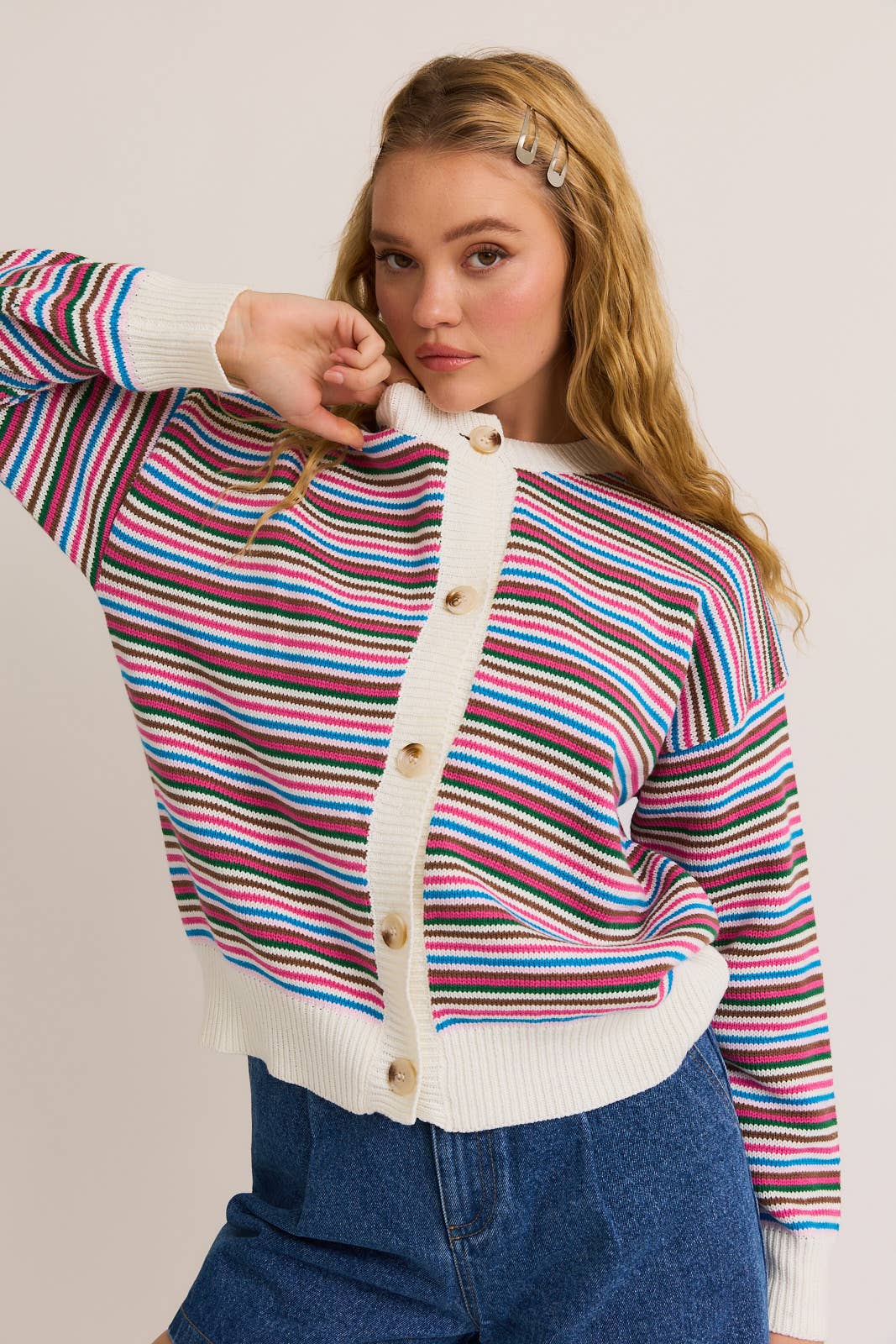 Crew Neck Striped Cardigan