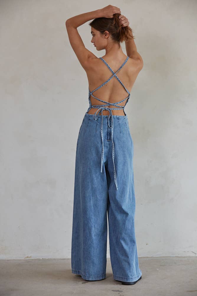 Denim Cotton Square Neck Wide Leg Jumpsuit