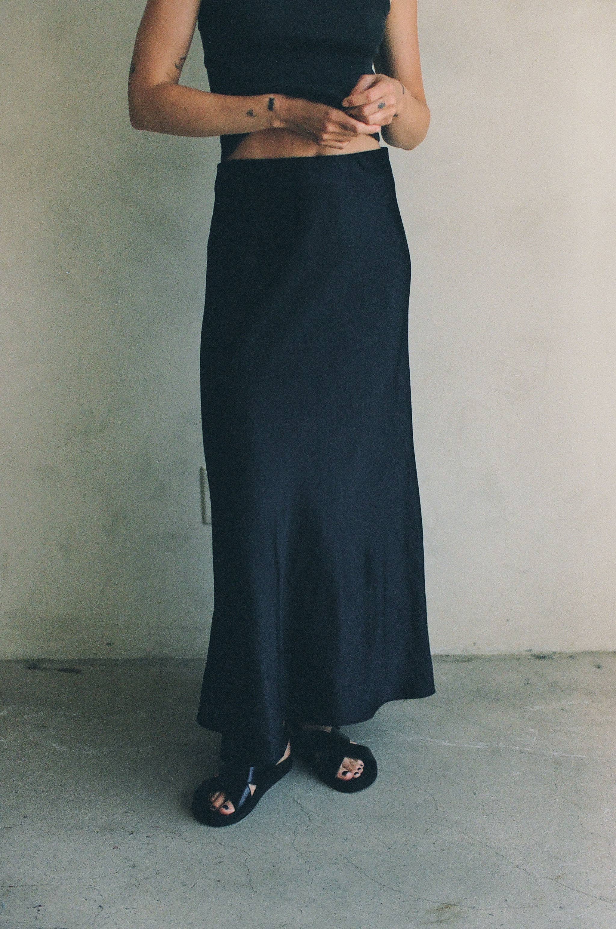 Woven Polyester Spandex Satin Maxi Skirt