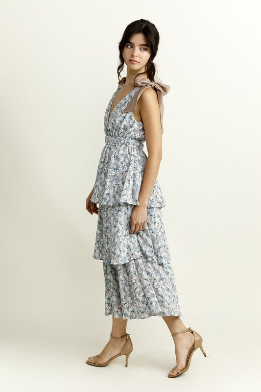 Floral Print and Crepe Ruffled Midi Dress