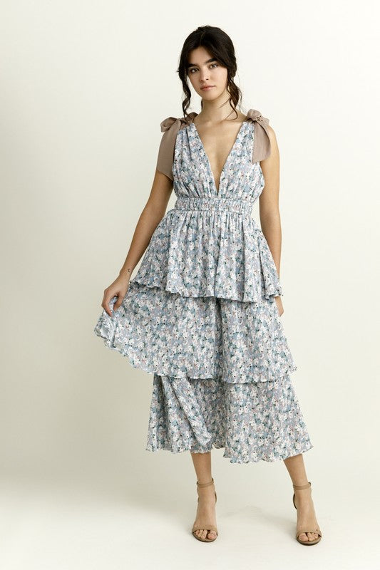 Floral Print and Crepe Ruffled Midi Dress